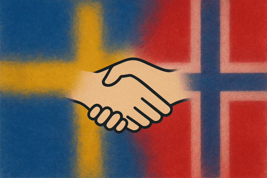 Illustration av två händer som skakar hand. Diffus svensk och norsk flagga i bakgrunden som går ihop på mitten. 